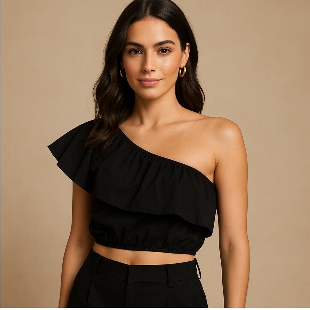 A New Day Black One-Shoulder Crop Top Size Small Minimalist Essential Staple
